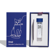 Cat-themed oral sample collection kit with blue box and clear tube on a white background