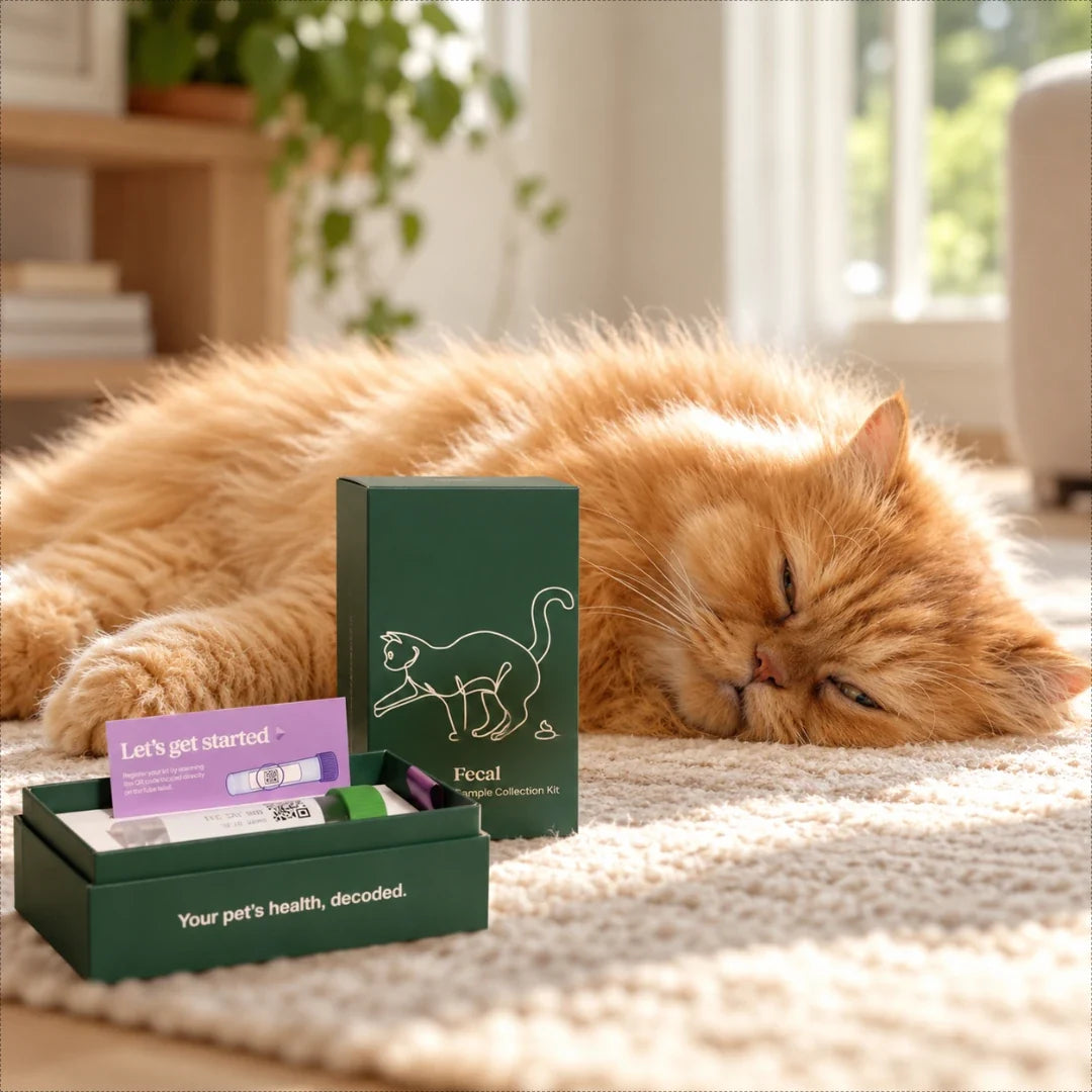 A ginger cat resting beside an opened Petwealth fecal collection kit