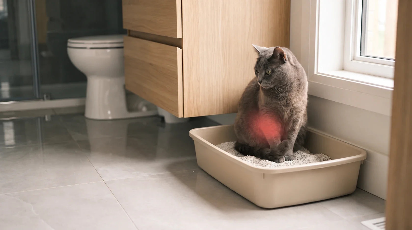 A grey cat sitting in its litter box, with a soft highlight over its belly
