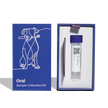 A dog oral sample collection kit shown with its blue outer box and the open inner kit containing a small vial with a purple cap, a clear tube, and a metal tool on a white background.