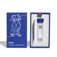 A dog oral sample collection kit shown with its blue outer box and the open inner kit containing a small vial with a purple cap, a clear tube, and a metal tool on a white background.