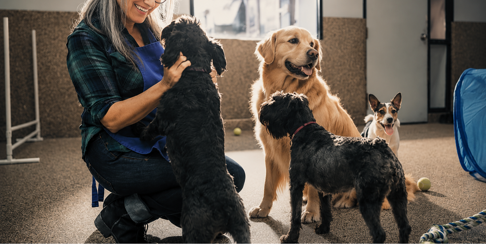 A woman kneels on a carpeted indoor room, smiling and petting three dogs, including a golden retriever and two black dogs. A blue dog toy is visible on the right.