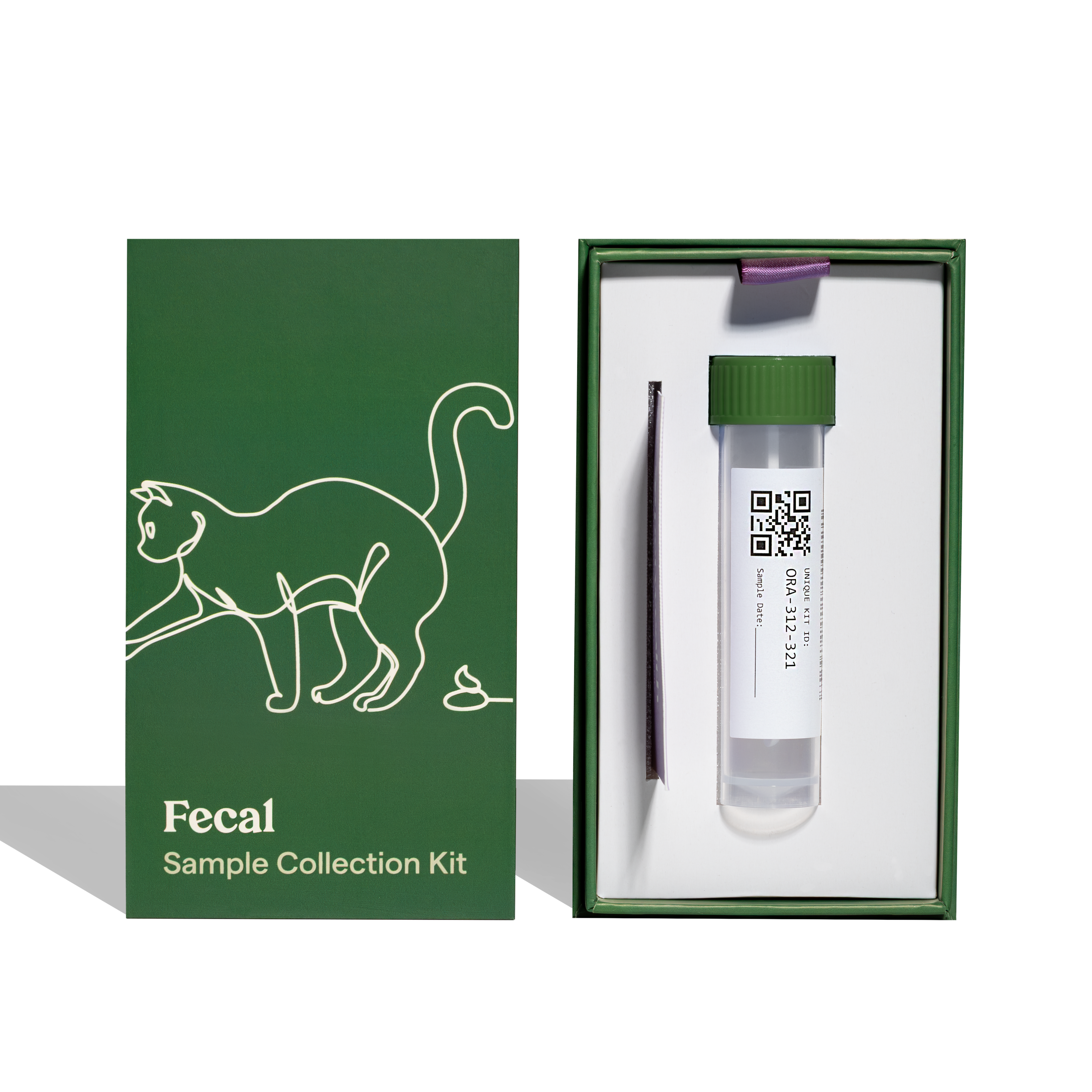 Fecal sample collection kit with green box and white container on a white background