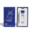 Cat-themed oral sample collection kit with blue box and clear tube on a white background