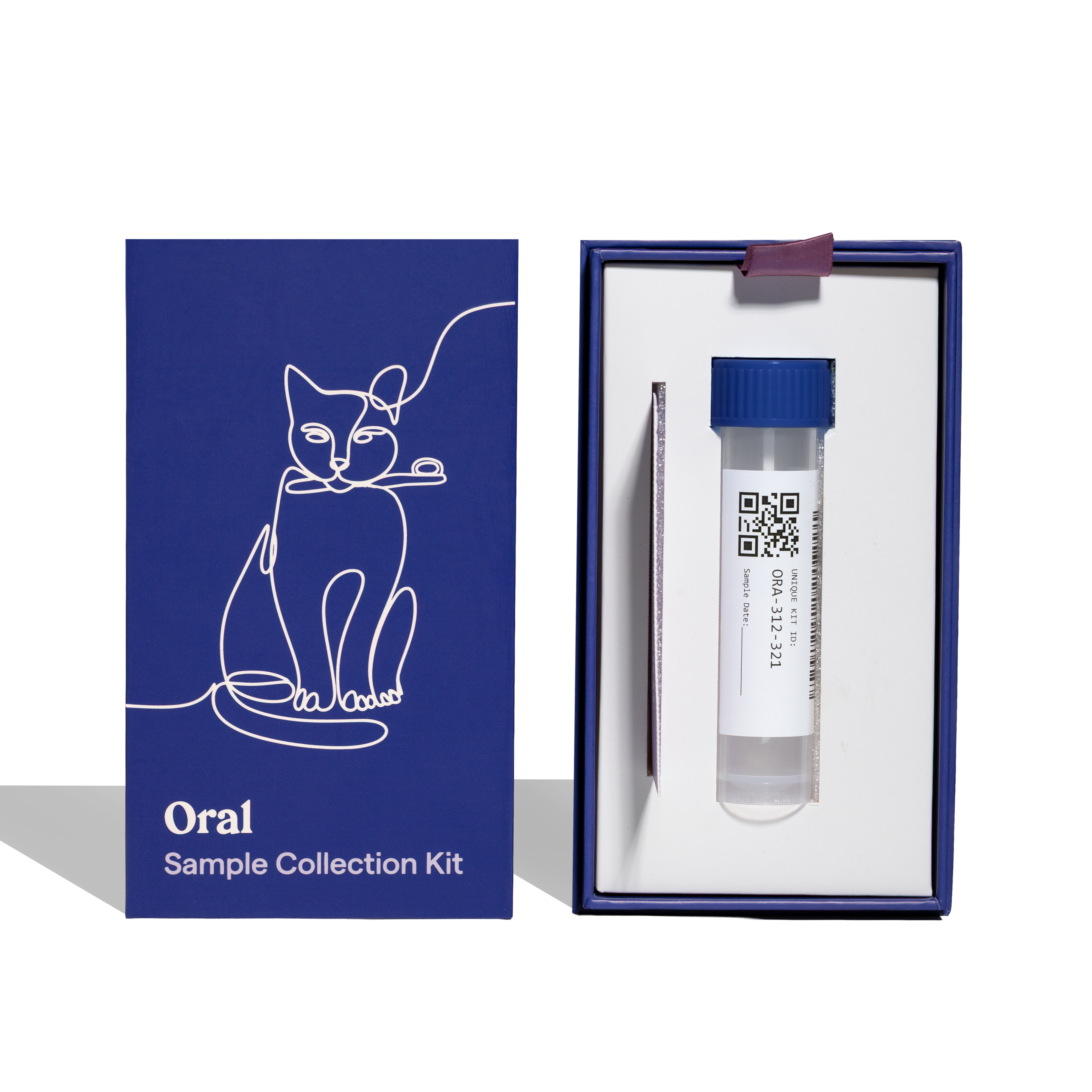 Cat-themed oral sample collection kit with blue box and clear tube on a white background