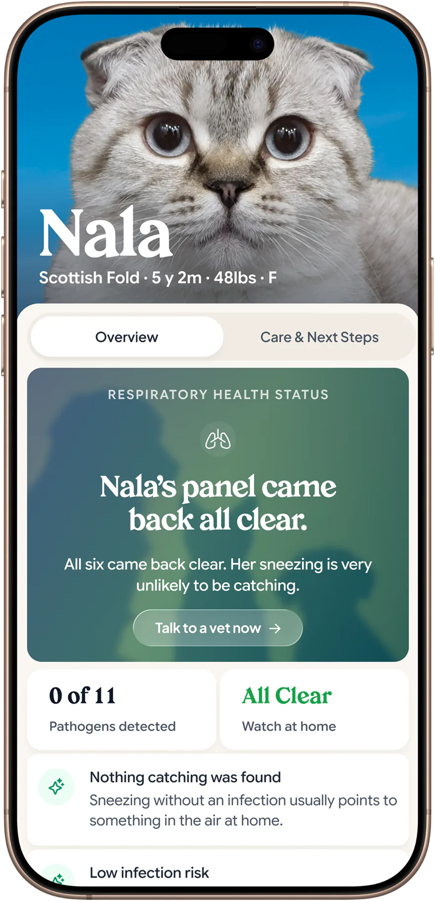 Cat health status overview in the Petwealth app