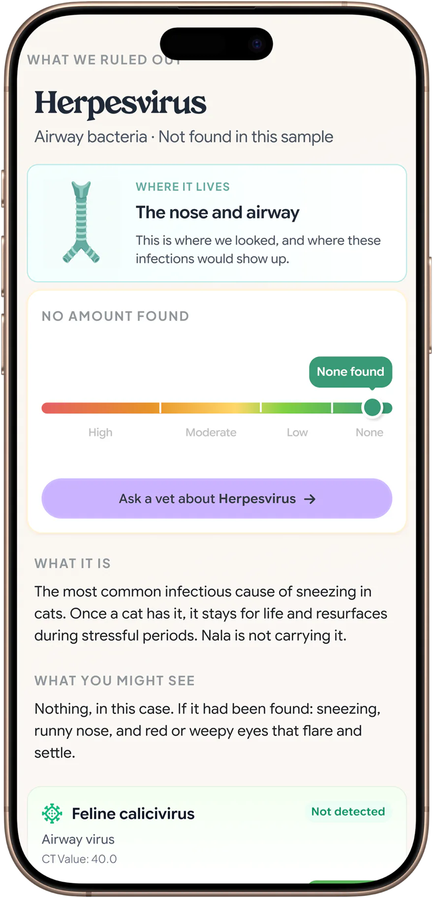 A detected pathogen explained in the Petwealth app