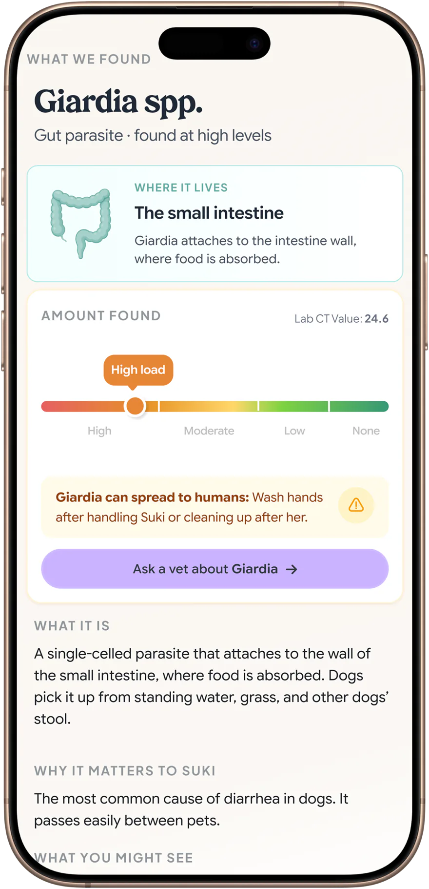 A detected pathogen explained in the Petwealth app