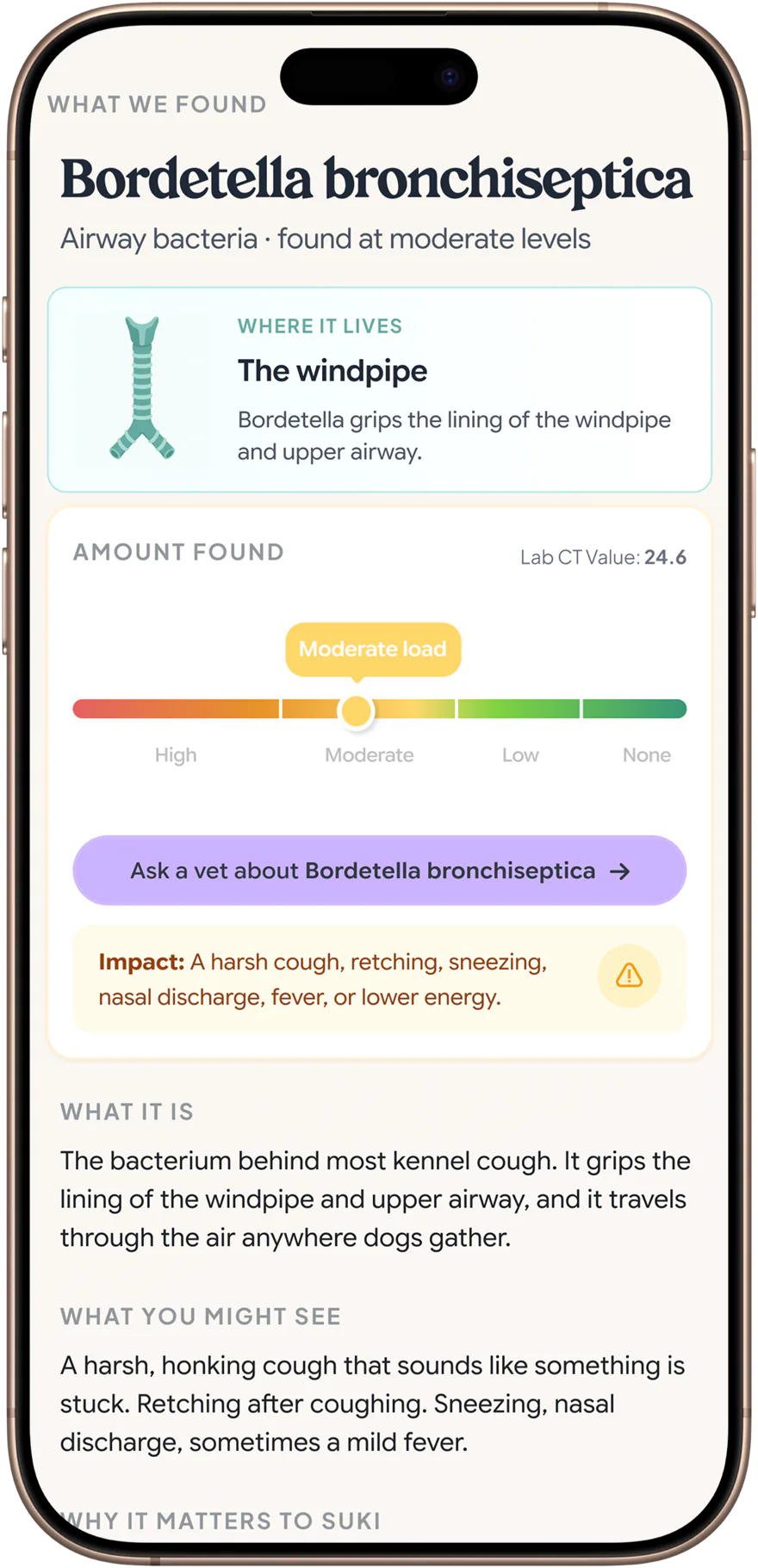 A detected pathogen explained in the Petwealth app